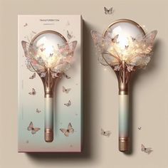 the butterfly light up wand is in front of a box and butterflies are flying around it