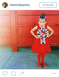 Gumball machine Halloween costume: red leotard, tights, and tutu; multicolored pompoms glued to a paper plate Gumball Machine Halloween Costume, Gumball Costume, Easy Homemade Halloween Costumes, Vocabulary Parade, Kid Costume, Kid Halloween, Baby Kostüm