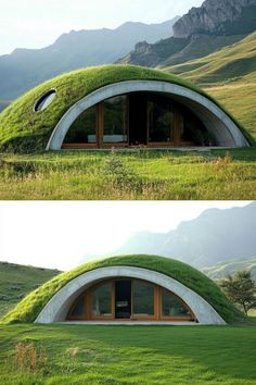 two pictures of the inside and outside of a house with grass growing on it's roof