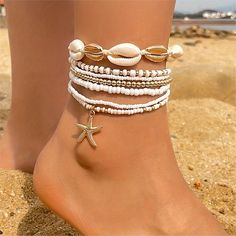 This Anklet Set Is Made Of White Color Mini Seed Beads And A Starfish Pendant. It Is A Stackable Ankle Bracelet And Foot Accessory. The Style Is Boho And Vacation. I Love Wearing Them When I Go To The Beach Or Pool. They Are So Cute And Comfortable, And They Look Great With Sandals Or Barefoot. 7pc Starfish Pendant Beaded Anklet Set With White Color Mini Seed Beads Stackable Ankle Bracelet Foot Accessory The Main Material: Bead Style: Boho,Vacation Heart Ankle Bracelet, Starfish Anklets, Anklets For Women, Beaded Ankle Bracelets, Foot Chain, Beaded Ankle, Stella Marina