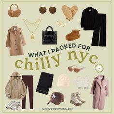 what i packed for chilly nyc in beige, black and white with the words'what i packed for chilly nyc '