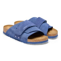 Kyoto Suede Leather Embossed Suede Double Strap Slides With Textured Footbed, Casual Suede Slides With Suede Lining, Comfortable Adjustable Suede Slides, Casual Adjustable Suede Slides, Adjustable Suede Slides With Removable Insole, Adjustable Suede Slides With Textured Footbed, Adjustable Suede Slides With Cushioned Footbed, Birkenstock Kyoto, Suede Fashion