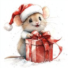 a watercolor painting of a mouse wearing a santa hat and holding a gift box