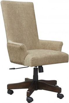 an office chair with casteors and wheels is shown in beige fabric on a black wooden base