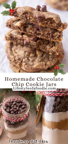 homemade chocolate chip cookies and granola in mason jars with holly wreaths on top