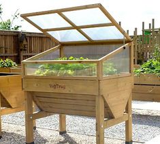 a wooden garden box with plants growing in it