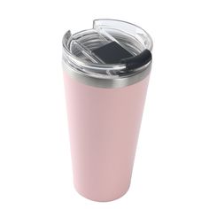 a pink tumbler cup with a black lid is shown on a white background,