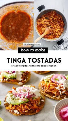 how to make tinga tostadas with shredded chicken and salsa in the background