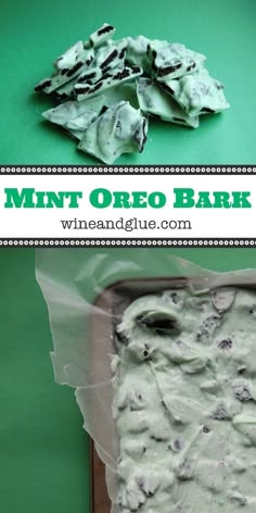 mint oreo bark in a baking pan on a green background with text overlay