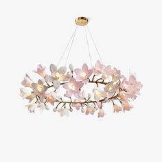 a chandelier with pink flowers hanging from it's center and two lights on each side