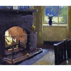 an oil painting of a fireplace in a living room