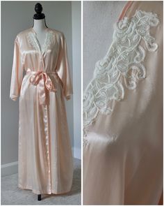 Indulge in luxury with this vintage 80s pink silk Oscar de la Renta robe. Crafted from pink silk, this exquisite piece epitomizes elegance and sophistication. Perfect for lounging in style or adding a touch of glamour to your evening routine, this designer robe showcases the timeless quality and iconic design of Oscar de la Renta. Don't miss the chance to own a piece of fashion history. Shop now and elevate your loungewear collection with this beautiful vintage find! Perfect for a bride getting her makeup done for the wedding. Long Pink Silk Robe, Pink Satin Finish Robe For Wedding, Pink Satin Robe With Satin Finish, Pink Silk Wedding Robe, Pink Fitted Robe For Wedding Night, Pink Satin Party Robe, Elegant Long Pink Robe, Vintage Pink Robe For Spring, Silk Evening Robe For Spring