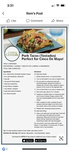 the recipe for pork tacos is shown on an iphone screen, and it appears to be in spanish