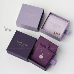 50pcs Paper box Purple personalized logo necklace earrings ring jewelry box slide style ♥Material:     1200g hard Paper inside.    Drawer cardboard box, with sponge inside.    Light purple with white sponge, Darker purple use gray sponge.    For the bag you can choose anyone you like in our shop, we will use #34 or #05 if without notes. ♥Each option includes -Box: drawer box with sponge -Box with bag: You can add a note to the style of the bag you need, if not, we will do it at random -Set B: dr