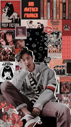 a collage of posters and photos with a boy sitting on a chair in front of them