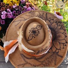 MISS SUNSHINE is a beautiful khaki vegan suede wide brim hat that has been hand burned with a pyrography tool. Embellished with hat band and feathers. Hats are adjustable and will fit most. Happy Hats 😎 Feathers Hats, Pyrography Tools, Happy Hat, Hand Burn, Different Hats