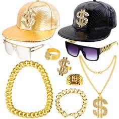 PRICES MAY VARY. ★【80s 90s Rapper Accessories】- Our 80s 90s accessories outfit includes 2pcs dollar sign hip hop hat, 1pcs dollar pendant faux gold chain, 1pcs 35 inch fake gold plastic chain, 1pcs faux gold bracelet, 1pcs faux gold dollar sign finger ring, 1pcs kanji gold plated ring, 1pcs faux gold rapper ring, 2pcs unisex hip hop sunglasses. our funny rapper costume set for your 80s/ 90s dress up and they are great prop for a costume or specific outfit. ★【Faux Plastic Gold Necklace】- The rapp 90s Hip Hop Costume, Rope Sign, 90s Dress Up, Rapper Costume, Hip Hop Sunglasses, Punk Sunglasses, Gold Dollar, 90s Accessories, Baseball Bracelet