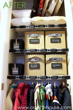 an organized closet with clothes and other items in bins on the bottom shelf, labeled before after