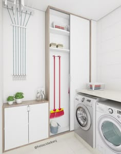 a washer and dryer in a small room with white walls, flooring and cabinets