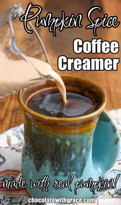 coffee creamer being poured into a mug with text reading pumpkin spice coffee creamer made with real pumpkin seeds