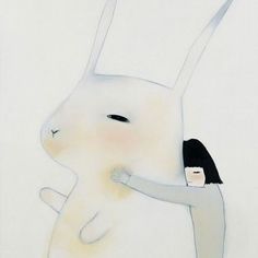 a drawing of a white rabbit hugging its back