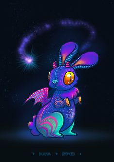 a purple and blue rabbit sitting on top of a dark ground with stars in the background