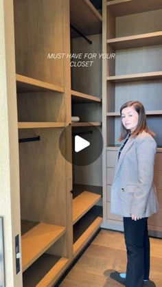 a woman standing in front of a closet full of shelves and drawers with the words must save for your closet