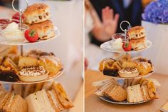 two pictures of sandwiches and pastries on three tiered trays, one with strawberries