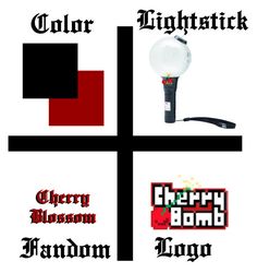 four different font styles on a white background with black and red squares in the middle