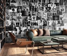 a living room filled with furniture and lots of pictures on the wall next to a coffee table