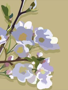 an abstract painting of purple flowers on a branch with green leaves and brown stems against a beige background