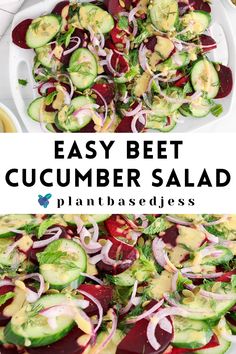 View on a large plate with a beet cucumber salad. Meal With Beets, Beets Zucchini Recipe, Beet And Tomato Salad, How To Eat Beets Recipes, Salad With Beats, Meals With Beets Healthy, Beet Salad With Cucumber, Beet Cucumber Feta Salad, Salad With Pickled Beets