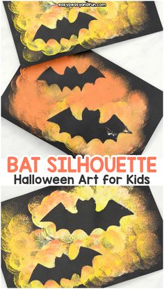 three halloween art projects for kids to make with melted paint and bat silhouettes on them