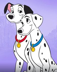 two dalmatian dogs sitting next to each other in front of a purple background