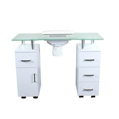 The Glass Glow Manicure Table offers your salon storage, versatility and style. The table has stainless Steel Accents and a luxury smoke tinted glass top. This Beautiful and Elegant White Manicure table will complement the style and decor of any nail salon. Table Dimensions: 40.25 (L) x 17.5 (W) x 30 (H) Table Top: 40.25" x 17.5" Total Height: 30" Outer Distance between Cabinets= 38.5" Inner Distance between Cabinets: 19" Cabinet Size Itself: 9.875" x 15" x 22.5" Glass to Cabinet Top: 4.75" Fan Day Spa Decor, Salon Interior Design Ideas, Day Spas, Nail Salon Interior Design, Beauty Salon Interior Design, Nail Salon Interior, Nail Salon Furniture, Nail Desk, Nail Table