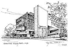 an architectural drawing of a building with trees in the foreground and other buildings behind it