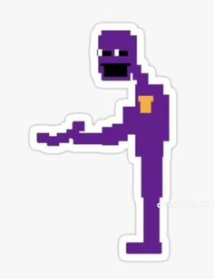 an old school pixel art sticker with the image of a purple man pointing at something