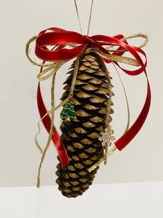 a pine cone ornament with a red ribbon hanging from it's side