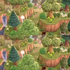 an animal crossing game with many trees and bushes