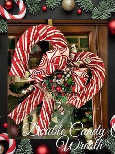 a candy cane wreath with christmas decorations around it