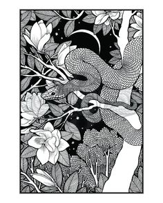 a black and white drawing of a snake on a tree branch with flowers in the background