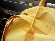 a close up of a yellow bag with a bee on the inside and side of it