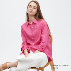 Premium Linen Long-Sleeve Shirt | UNIQLO US Rich Girl Fashion, Open Collar Shirt, Linen Collection, Monochrome Fashion, Women Shirts Blouse, Linen Women, Seasonal Fashion, Pure Linen, Linen Shirt