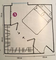 a drawing of a room with a bed and a chair on it's side