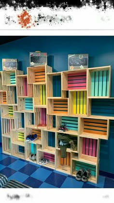 an image of a book shelf with books on it and shoes in the bottom row