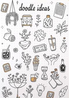 doodle sketches with flowers, plants and other things in them on a sheet of paper