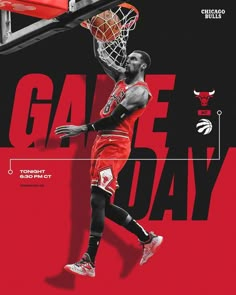 a basketball player dunking the ball in front of an advertisement for chicago bulls'game day