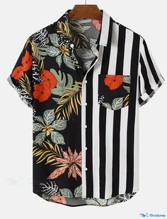 OrcaJump - Mens Graphic Floral Striped Turndown Shirt - 3D Print Outdoor Street Short Sleeve Button-Down Print Clothing Designer Fashion Casual Black Printed Shirt With Casual Collar, Black Hawaiian Shirt With Button Closure For Summer, Mens Printed Shirts, Graphic Floral, Mens Casual Outfits, Floral Shirt, Shirt Pattern, Graphic Shirts, 3d Print