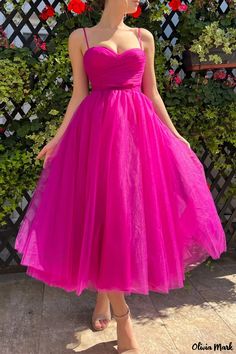 Olivia Mark - Elegant Mesh V Neck Princess Dresses in Sweet Solid Colors Gaun Tulle, Hot Pink Prom Dress, Tea Length Prom Dress, Tea Length Tulle, Tulle Cocktail Dress, Prom Dresses Simple, Hoco Dress, Simple Prom Dress, Chic Gowns