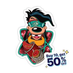 a sticker with an image of a cartoon character holding a book and wearing goggles